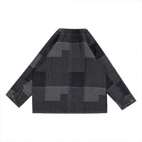 DENIM PATCHWORK NO COLLAR JACKET - Image 3